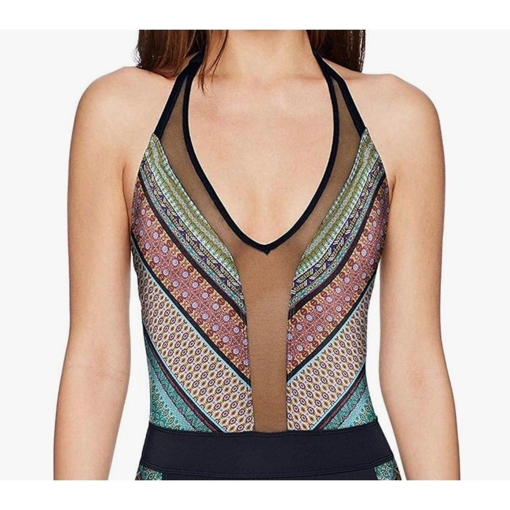 Bleu Rod Beattie Baja Bazaar Mesh V-Neck Halter One Piece Swimsuit 14 NWT - Picture 4 of 8
